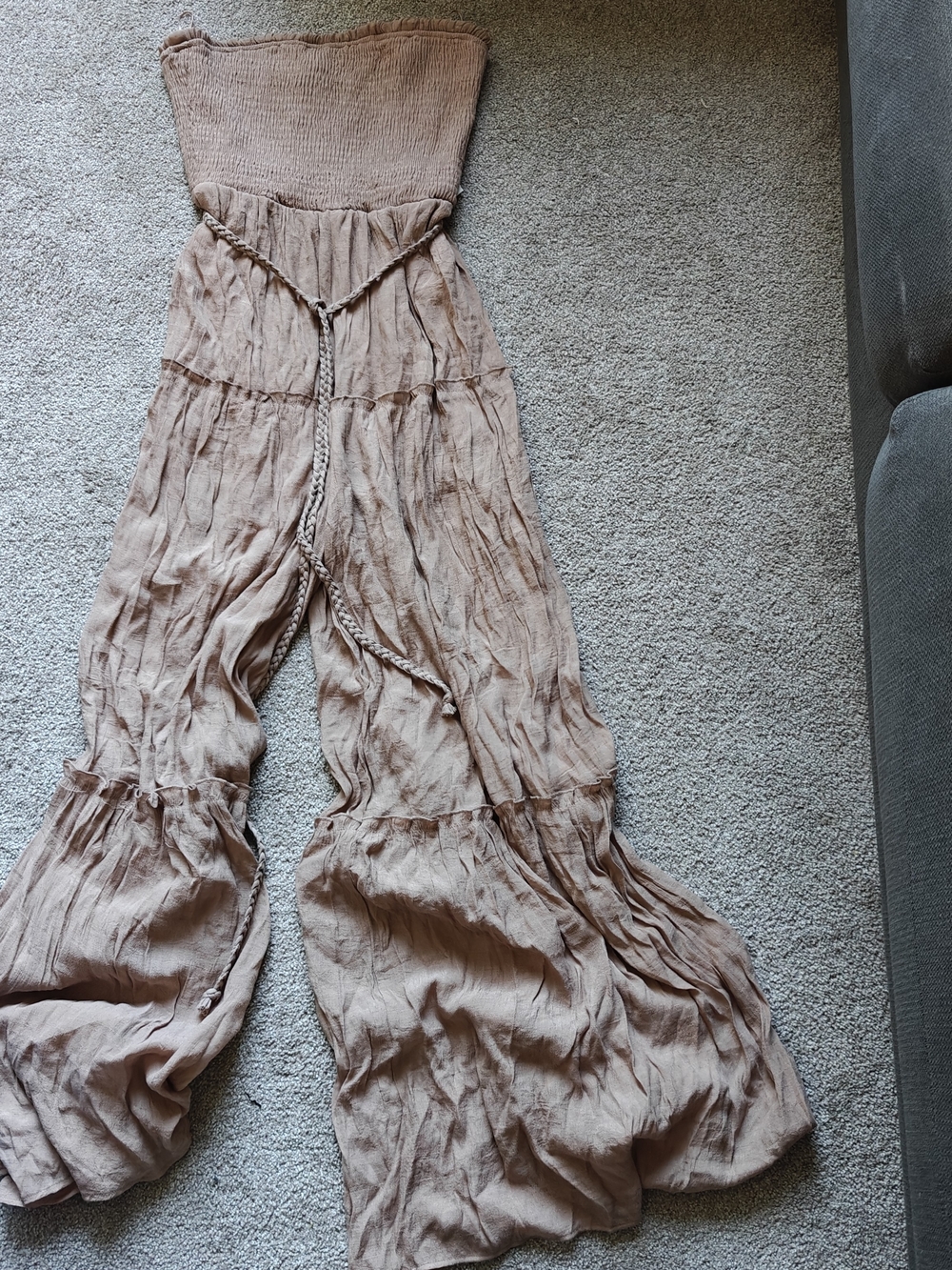 Miss Avenue Strapless Wide-Leg Jumpsuit in Taupe